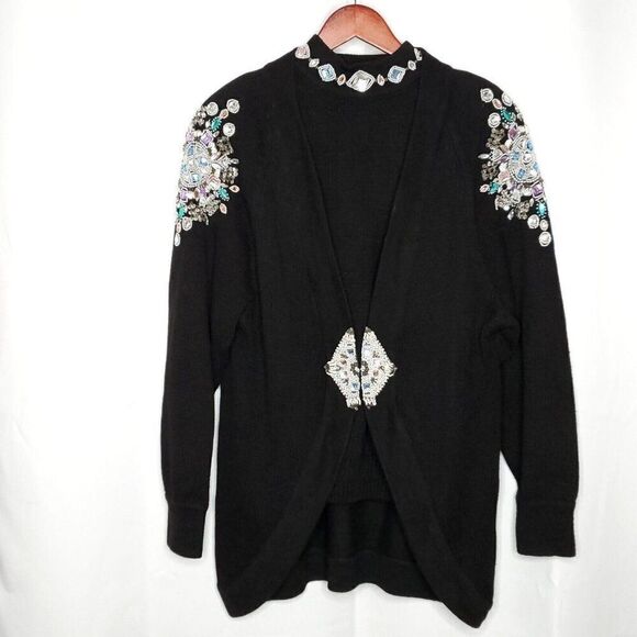 Vintage 80s 2 Pc Cardigan Sweater Set M Beaded Bejeweled Bling Party Black - Picture 1 of 12